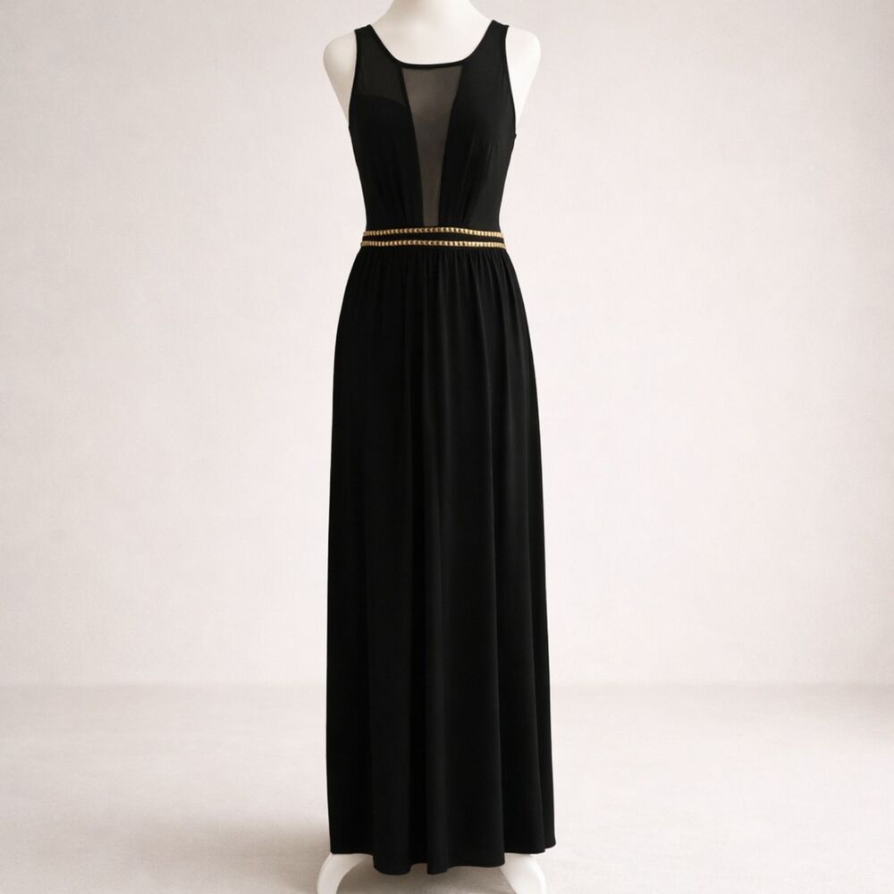 Charlotte Russe Black Maxi Dress Mesh Plunge Gold Stud Waist Formal S